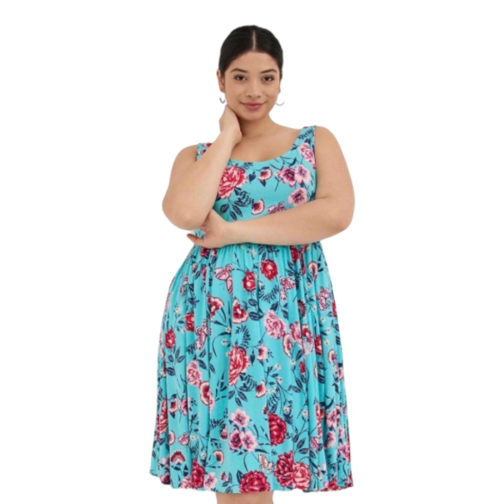 Torrid Super Soft Stretchy Skater Dress Blue Tropical Print Torrid 1/US 14-16